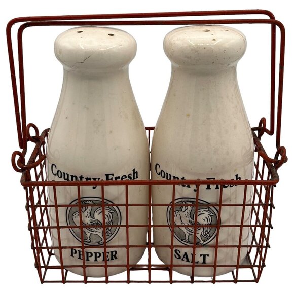 Unbranded Other - Vtg Milk Jug Rooster Ceramic Salt Pepper Shakers Red Basket Kitsch Kitchen Decor